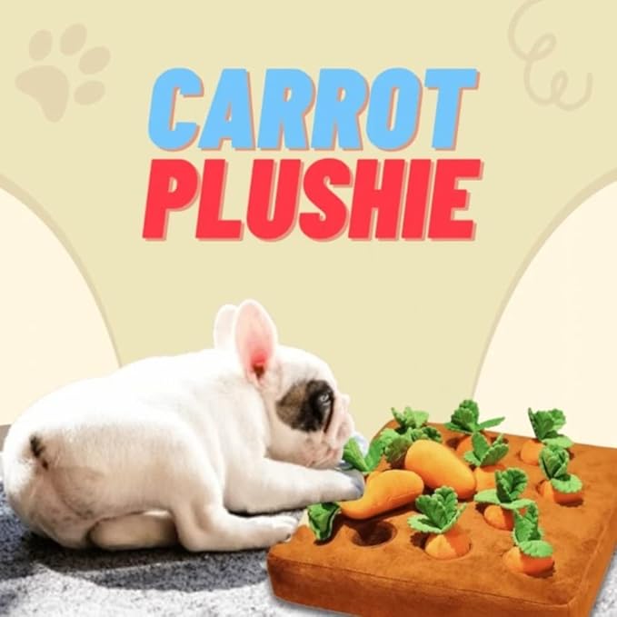 Carrot Dog Toy - Snuffle Mat, Plush Puzzle, Enrichment and Interactive Hide and Seek Pet Toy With 12 Carrots
