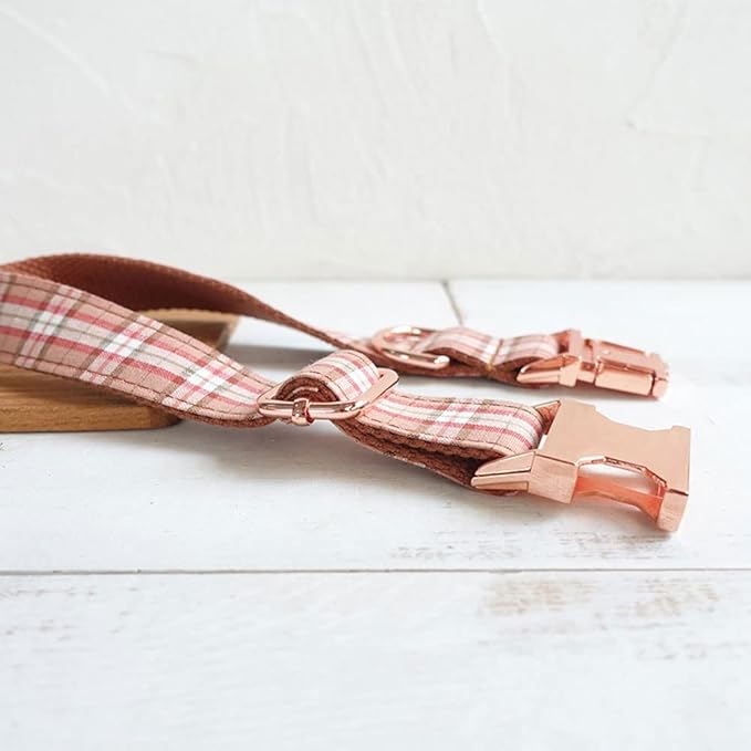PETDURO Personalized Plaid Dog Collar Orange - Engraved Name and Phone Number on Rose Gold Metal Buckle - Custom for Small Medium Large Boy Girl Dogs - Add Leash Bow Tie via Customize Now