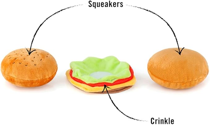 P.L.A.Y. Cute Plush Dog Toys - Fast Food Themed Durable Squeaker Chew Toy, Great for Puppies & Small, Medium Dogs - Machine Washable, Recycled Materials (American Classic Burger, X-Small)