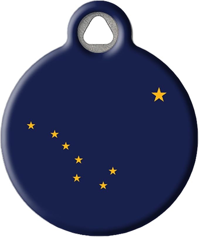 Dog Tag Art Alaskan State Flag Personalized Pet ID Tag for Dogs and Cats, Silent Polymer Coated Stainless Steel Alaska Nametag with Customized Identification Information - Small .875" Diameter