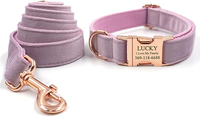 PETDURO Custom Dog Collar Personalized with Name Engraved Quick Release Rose Gold Metal Buckle for Large Medium Small Girl Dogs - Dog Leash and Bow Tie Available - Soft Comfy Velvet (Purple, L)
