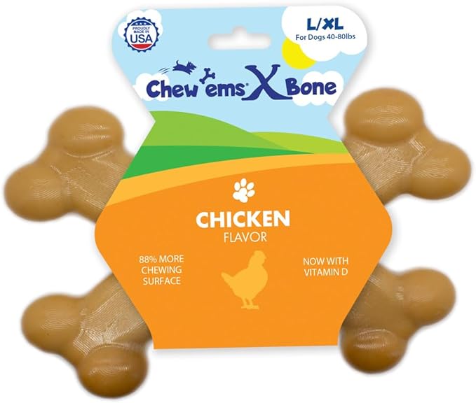 Chew’ems X Bone Dog Chew – Long-Lasting Chicken Flavor Treats for Aggressive Chewers – Rawhide-Free, Durable Dental Chews – Large Size