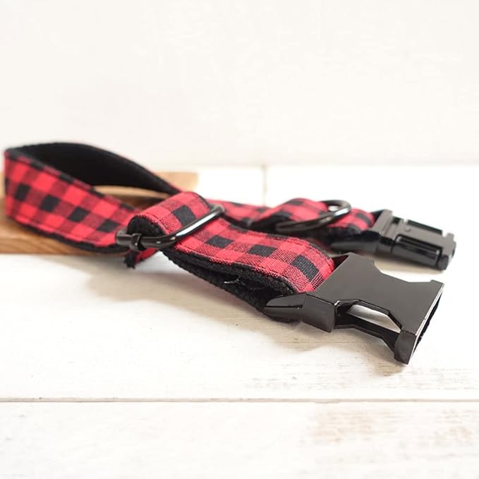 PETDURO Personalized Buffalo Plaid Dog Collar Red Black - Engraved Name and Phone Number on Black Metal Buckle - Custom for Small Medium Large Boy Girl Dogs - Add Leash Bow Tie via Customize Now