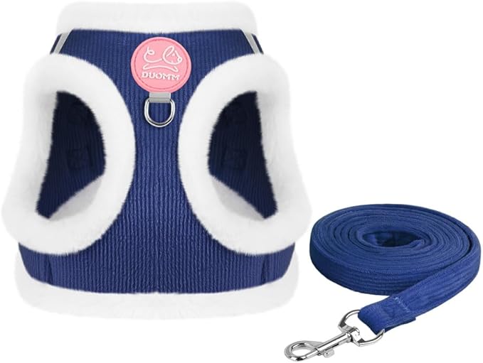 Dog Harness and Leash Set-No Pull No Choke Step-in Pet Harness for Cold Weather Lightweight Adjustable Cat Harness Warm Plush Puppy Vest with Hook & Loop Fastener Buckles D-Rings-Blue+White-M