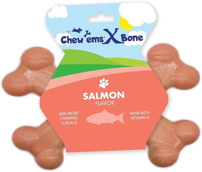 Chew’ems X Bone Dog Chew – Long-Lasting Salmon Flavor Treats for Aggressive Chewers – Rawhide-Free, Durable Dental Chews – Giant Size