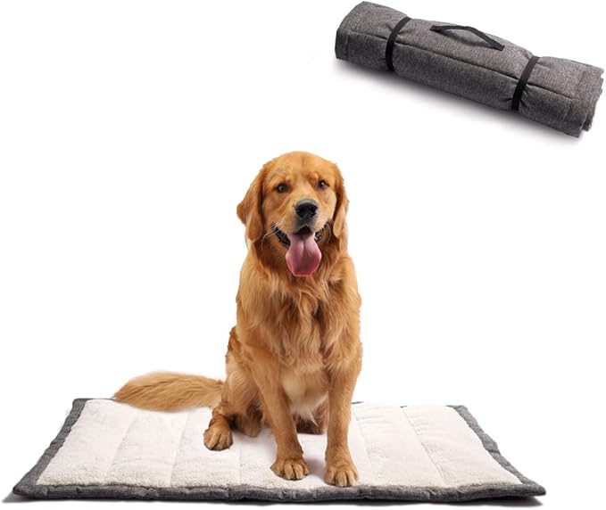 Travel Dog Bed, Rollup Crate Mat, Kennel Pad, Pet Camping Gear with Carry Handles for Medium Dog or Cat, Super Soft, Machine Washable, 36 * 23” Grey