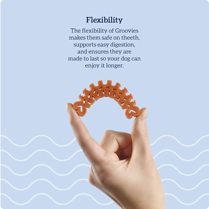 Groovies Flexible, Yet Moderately Tough Daily Dog Dental Chews. Powered by USA-Patented DentalFit Technology. No Added Gluten, No Artificial Flavors or Colors. 12oz XLarge (8Chews)