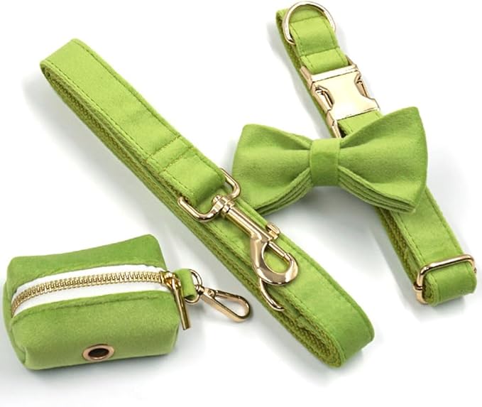 PETDURO Custom Dog Collar Personalized with Name Engraved Quick Release Rose Gold Metal Buckle for Large Medium Small Girl Dogs - Dog Leash and Bow Tie Available - Soft Comfy Velvet (Green, M)