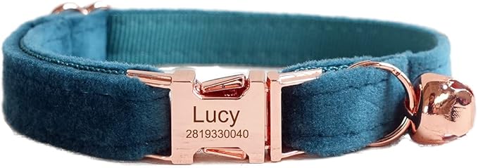 Cat Collar Personalized with Name Engraved and Bell, Customized Velvet Collars for Puppy Kittens (Green, S)