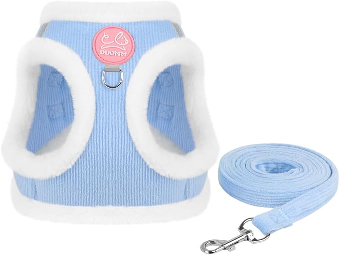 Dog Harness and Leash Set-No Pull No Choke Step-in Pet Harness for Cold Weather Lightweight Adjustable Cat Harness Warm Plush Puppy Vest with Hook & Loop Fastener Buckles D-Rings-LightBlue-M
