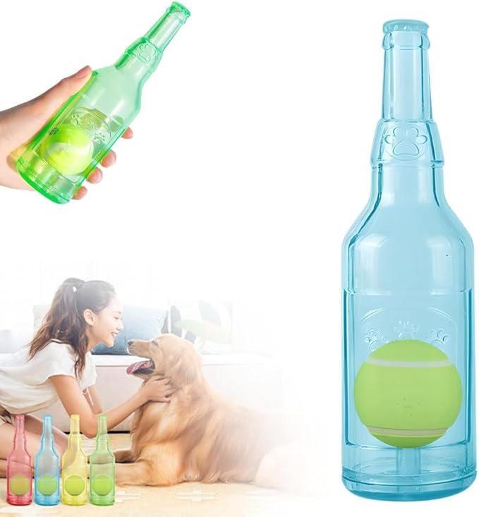 Drkicsy Pet Chew Beer Bottle with Tennis Ball Dog Chew Toy, Water Bottle Interactive Dog Toys for Chewing and Playing, Crunch and Play Bottle Dogs Toy with Squeaky Sound (Blue, Small)