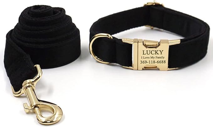 PETDURO Personalized Dog Collar Black Soft Velvet for Large Medium Small Boy Girl Dogs - Custom Collar with Name Phone Engraved on Gold Metal Buckle - Add Matching Leash Bow Set via Customize Now