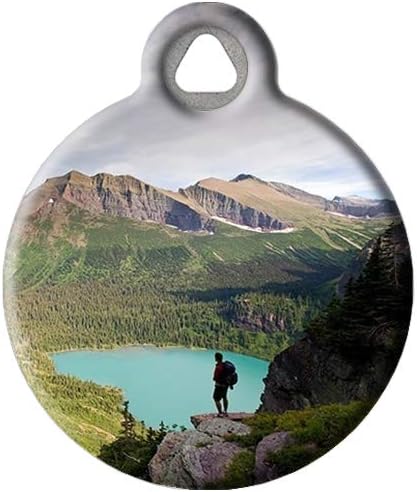 Dog Tag Art Nature and Outdoors Custom Pet ID Tag for Dogs and Cats, Personalized Dog Tag with Customized Identification, Glacier National Park Hiker, Small (7/8" Diameter)