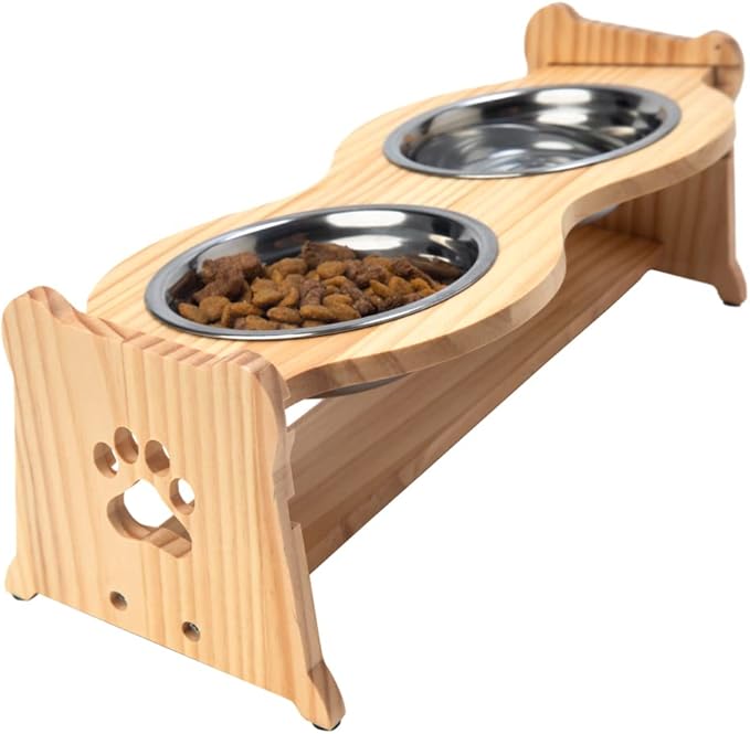 Creative Hobbies Raised Pet Bowls for Cats and Dogs - Bamboo Adjustable Elevated Stand with 2 Stainless Steel Bowls | Anti-Slip Grip, 4 Inches Tall