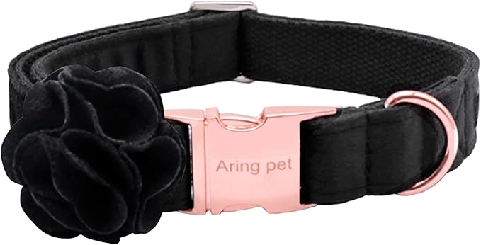 ARING PET Velvet Dog Collars, Black Soft Pet Collar with Detachable Felt Flower Metal Buckle for Puppy Small Medium Large Boy Girl Dogs-L