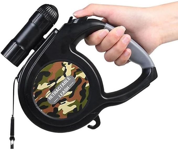Camo Dog Leash - 26ft Retractable with Flashlight - Medium to Large Dogs