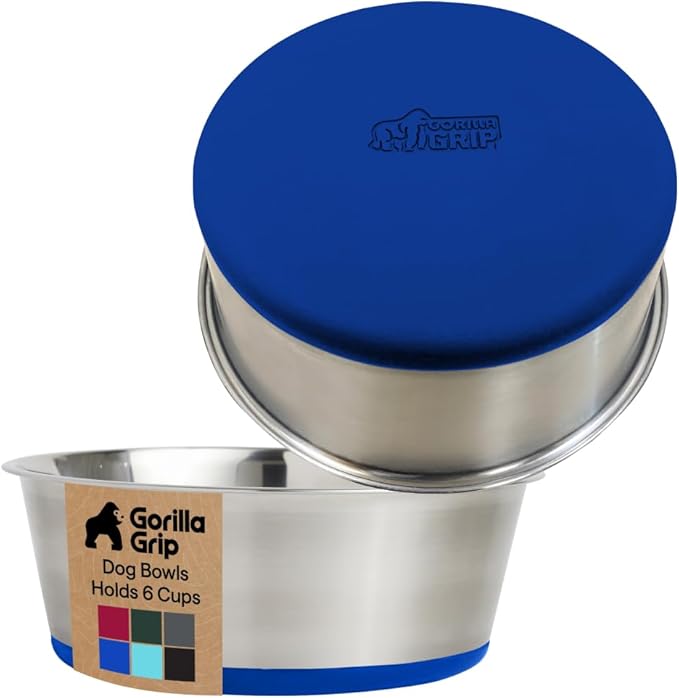 GORILLA GRIP Set of 2 Dog Bowls, Holds 6 Cups (48 fl oz), Heavy Duty Metal Food and Water Bowl for Feeding Dogs and Cats, Dishwasher Safe, Rust Resistant Stainless Steel, BPA Free Rubber Base, Blue