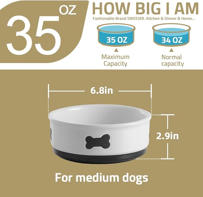 Sweejar Ceramic Dog Bowls with Bone Pattern, Dog Food Dish for Medium Dogs, Porcelain Pet Bowl for Water 35 Fl Oz (Fog Blue)