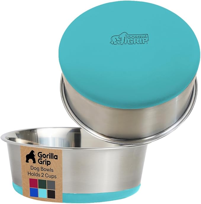 GORILLA GRIP Dog Bowls, Holds 2 Cups Each (16 fl oz), Heavy Duty Stainless Steel Food and Water Bowl for Feeding Dogs and Cats, Dishwasher Safe, Rust Resistant BPA Free Rubber Base, Set of 2 Turquoise