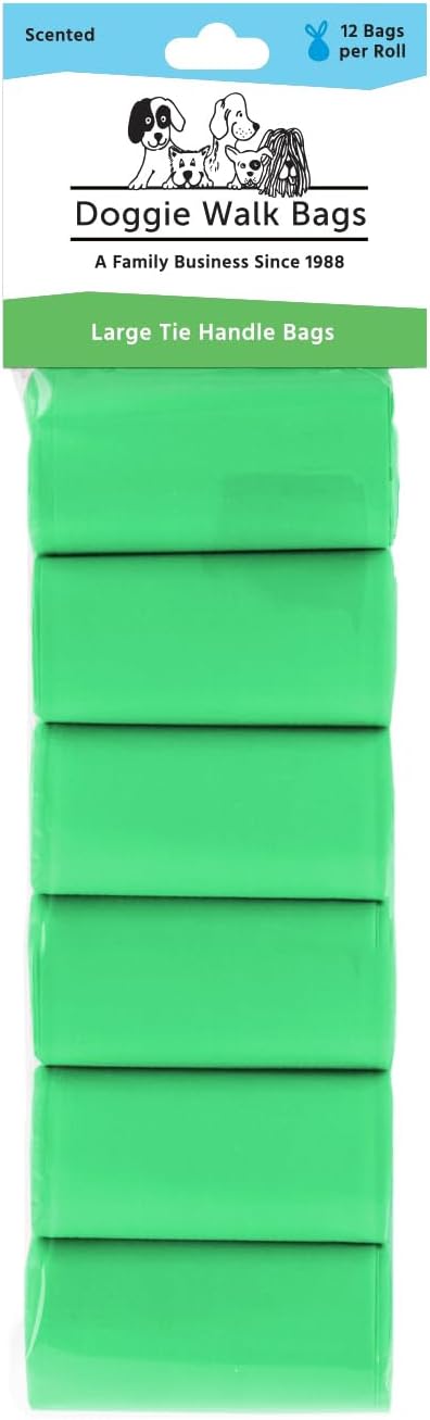 Large Dog Waste Bags on a Roll with Easy Tie Handles, Extra Thick and Strong Poop Bags, 72 Count, Scented, 5.5 x 5.5 x 17 Inches