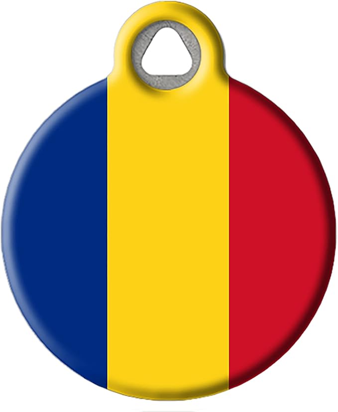 Dog Tag Art Romanian Flag Personalized Pet ID Tag for Dogs and Cats, Silent Polymer Flag of Romania Dog Tag with Customized Identification Information - Large 1.25" Diameter