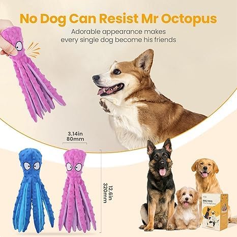 Octopus Dog Toys (2 Pack) – Squeaky & Crinkle No-Stuffing Plush Chew Toys for Puppies and Dogs, Durable Teething Toy for Small, Medium & Large Breeds, Soft Tug & Fetch Dog Toy