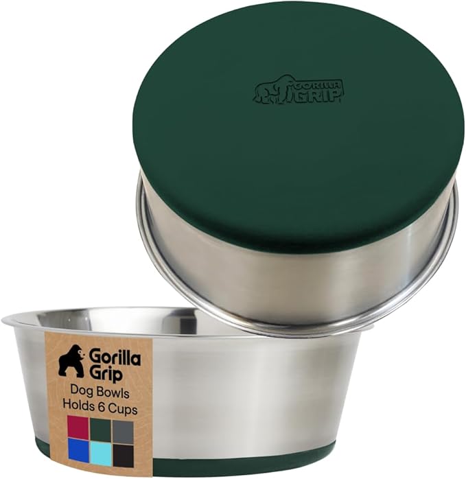 GORILLA GRIP Set of 2 Dog Bowls, Holds 6 Cups (48 fl oz), Heavy Duty Metal Food and Water Bowl for Feeding Dogs and Cats, Dishwasher Safe, Rust Resistant Stainless Steel, BPA Free Rubber Base, Green