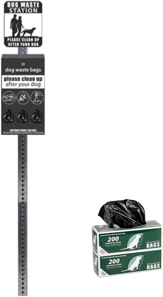 Rust Proof Aluminum 7' Dog Waste Station for Commercial Grade Dog Waste Roll Bags - 400 waste bags included - Over 500k sold in USA (Matte Black)
