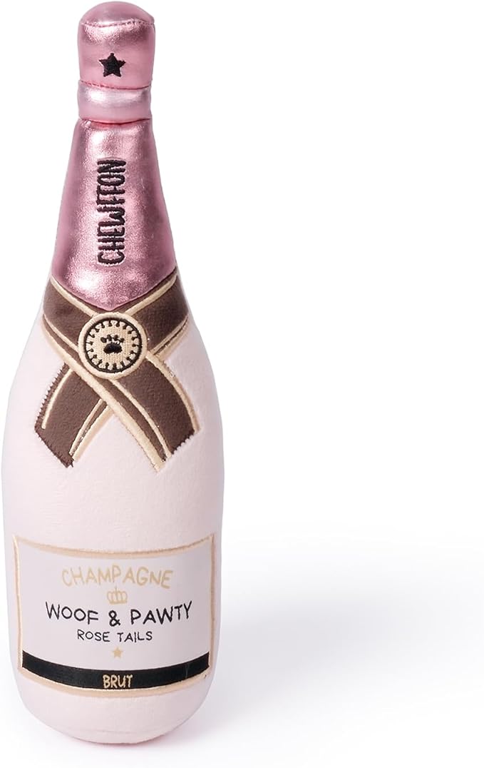 CHEWFFON Dog Toy, Squeaky Dog Toys for Boredom, Plush Pet Present Chew Toy for All Breeds Dogs, Pink Champagne Shape Interactive Puppy Toys for Birthday Stimulating Gifts