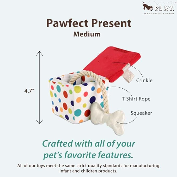 P.L.A.Y. Cute Plush Dog Toys - Birthday Party Celebration Themed Durable Squeaker Chew Toy, Great for Puppies & Small, Medium, Large Dog - Machine Washable, Recycled Material (Pawfect Present, Medium)