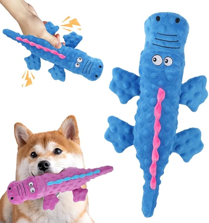 Indestructible Plush Dog Toy for Aggressive Chewers, Boredom Relief Squeaker Chew Toy with Double Fabric, Durable Crocodile Teething Toy for Large Medium Small Dogs (Blue)