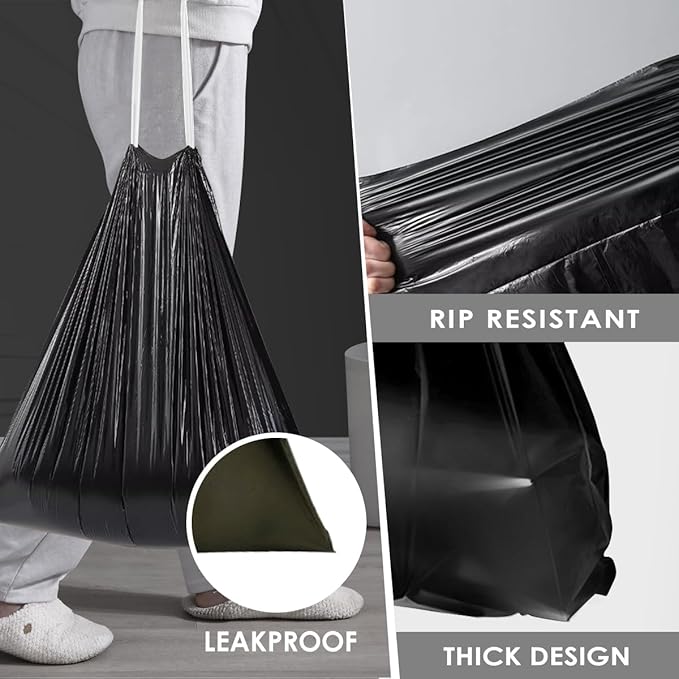 10 Gallon Drawstring Trash Bags (fit 30-35 Liter), 120 Counts Medium Large Kitchen Garbage Bags Trash Can Liners for Home, Office, Light Residential Waste Outdoor Lawn Bags, Black