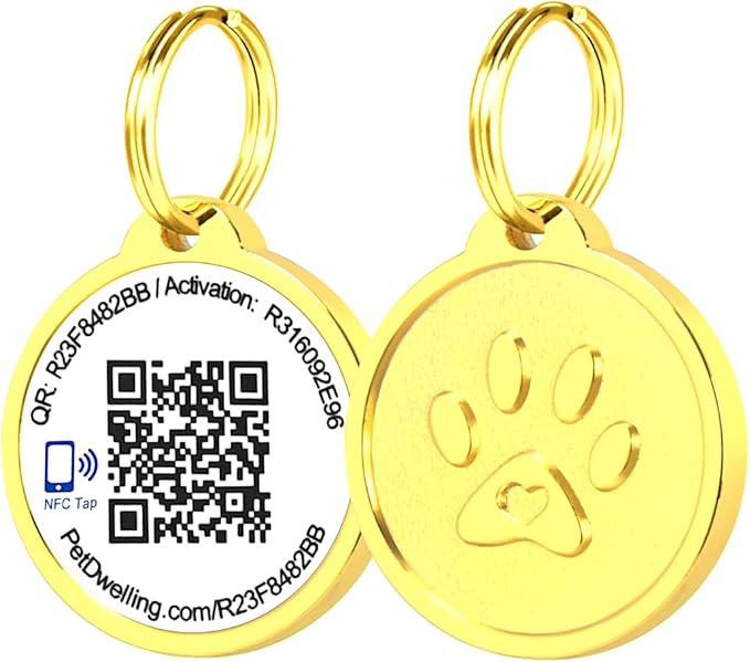 Pet Dwelling Premium NFC & QR Code Smart ID Tag for Dogs - Easy Scanning, Instant Profile Access, Real-Time Location Alerts(Gold Paw)