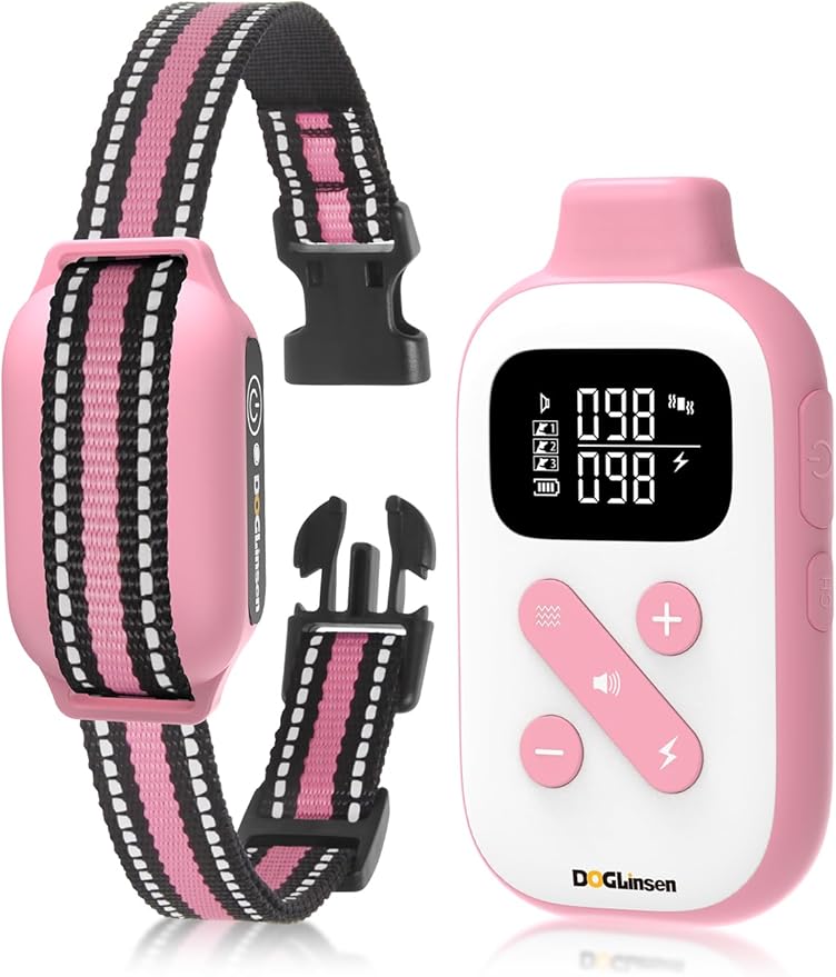 2-in-1 Bark and Shock Collar for Dogs, Smart Anti Barking Dog Training Collar with 5 Adjustable Sensitivity, Automatic Bark Collar with Remote, Vibration, Beep, Shock and Automatic (Pink)