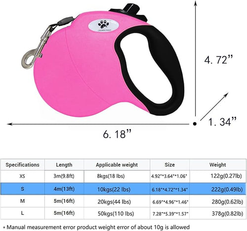13 ft Retractable Dog Leash for Large Dogs up to 26 lbs,Tangle-Free Nylon Tape,Pink S
