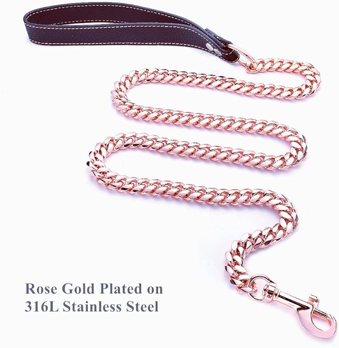 Rose Gold Dog Chain Leash 10MM 14MM Curb Cuban Link Chain Dog Leash Strong Chew Proof Stainless Steel Leash 3FT/4FT/5FT for Small Medium Large Dogs(14mm,3ft)…