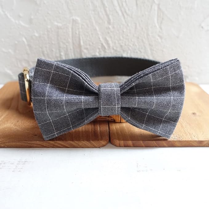 PETDURO Personalized Windowpane Plaid Dog Collar Gray - Engraved Name and Phone Number on Gold Metal Buckle - Custom for Small Medium Large Boy Girl Dogs - Add Leash Bow Tie via Customize Now