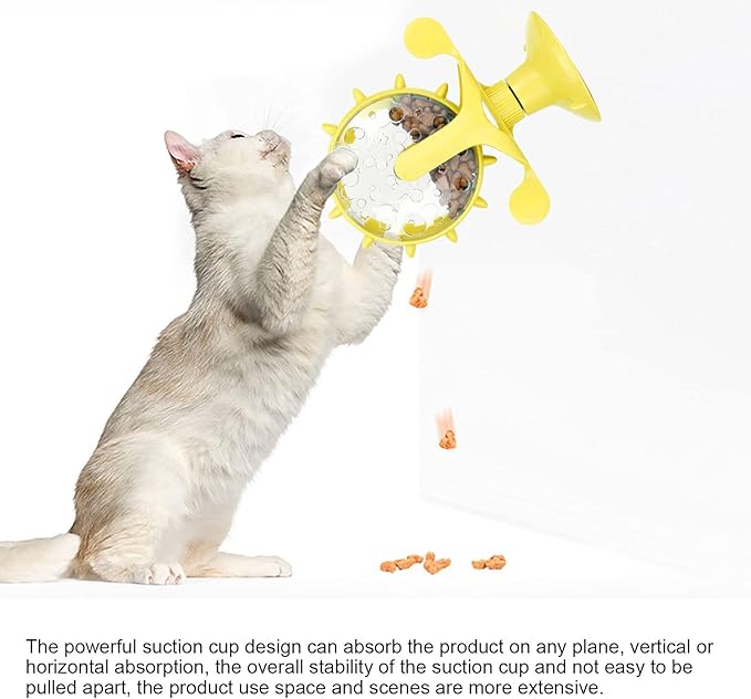 Interactive Cat Food Treats Dispenser Toy, Pet Slow Feeder Feed Training Toy Cat Windmill Toy Dog Food Dispenser, 360° Rotating Windmill Suction Cup Toys for Educational Interactive Training (Yellow)
