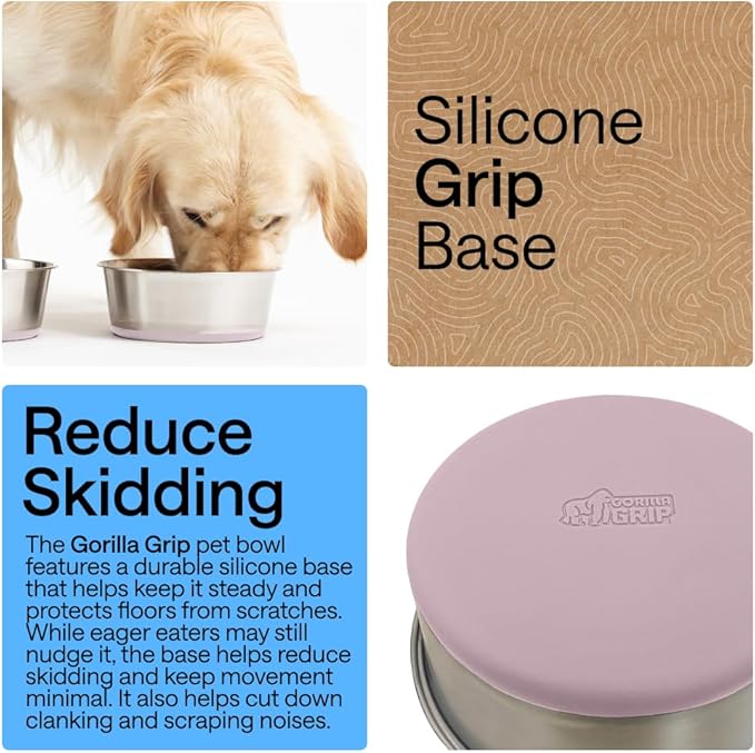 GORILLA GRIP Dog Bowls, Heavy Duty 304 Stainless Steel, Holds 2 Cups Each (16 fl oz) Food and Water Bowl for Feeding Dogs and Cats, Dishwasher Safe, Rust Resistant, BPA Free Rubber Base Set of 2 Pink