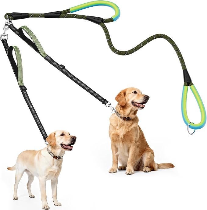 XiaZ Double Dog Leash for Two Dogs, Dual Dog Leash with Tangle-Free Swivel & 4 Comfortable Handles, Highly Reflective Three Point Control Dog Leash for Small Medium Dogs, 3/8”ArmyGreen