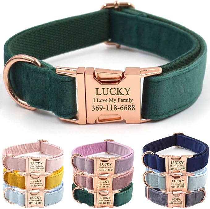 PETDURO Custom Dog Collar Personalized with Name Engraved Rose Gold Metal Buckle for Large Medium Small Dogs - Soft Cute Velvet Dog Leash and Bow Tie Available (Christmas Green RG, M)