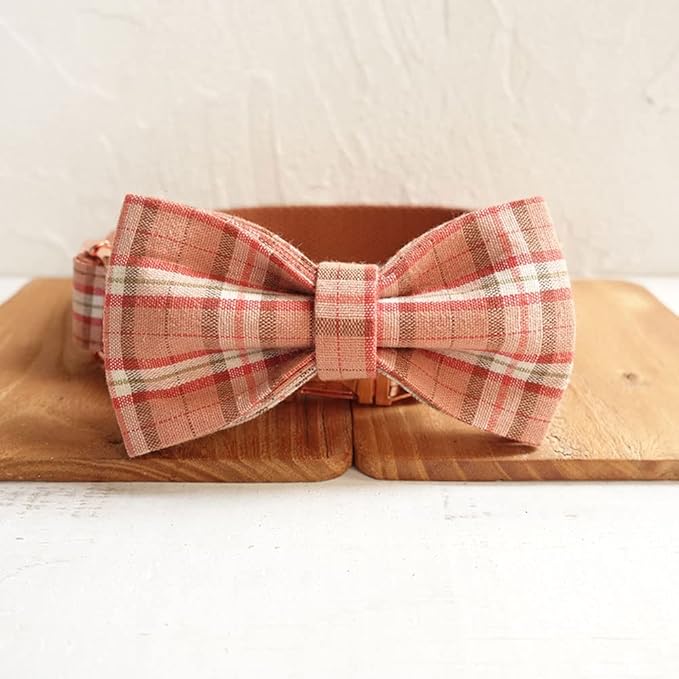 PETDURO Personalized Plaid Dog Collar Orange - Engraved Name and Phone Number on Rose Gold Metal Buckle - Custom for Small Medium Large Boy Girl Dogs - Add Leash Bow Tie via Customize Now