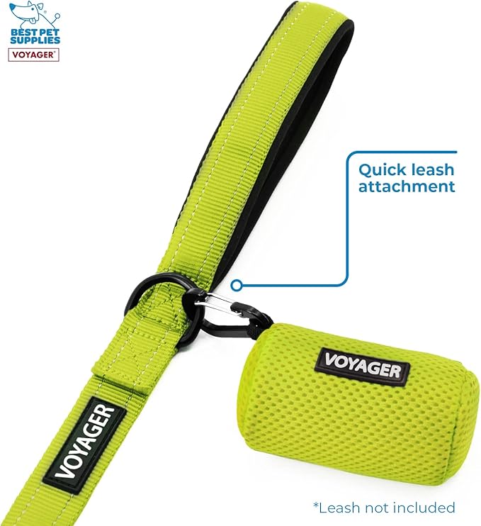 Best Pet Supplies Dog Poop Bag Holder Leash Attachment with 15 Bags, Lime Green, Reusable Mesh Dispenser Pouch for Travel, Walking, Park, and Outdoor Use, Soft and Durable with Clip-On