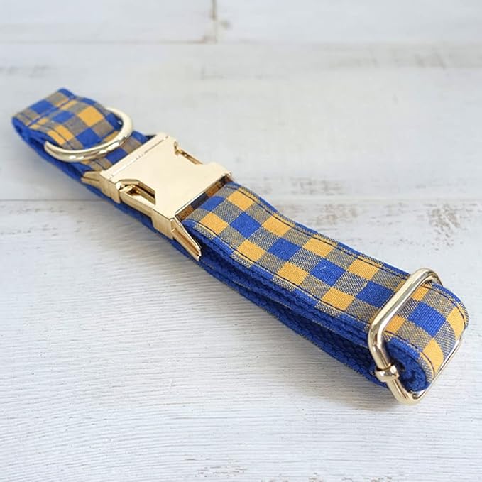 PETDURO Personalized Checkered Plaid Dog Collar Blue Yellow - Engraved Name and Phone Number on Gold Metal Buckle - Custom for Small Medium Large Boy Girl Dogs - Add Leash Bow Tie via Customize Now