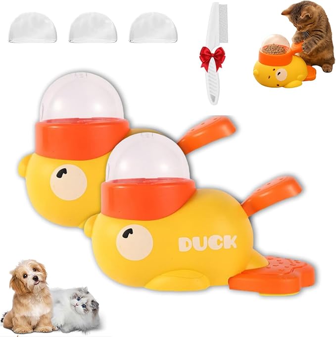 Dog Treat Dispenser Toy Interactive, Duck Cat Treat Dispenser, 2-in-1 Interactive Dogs Toys Food Puzzle Slow Feeder, Adjustable Slow Feeder for Dogs & Cats (Yellow*2)