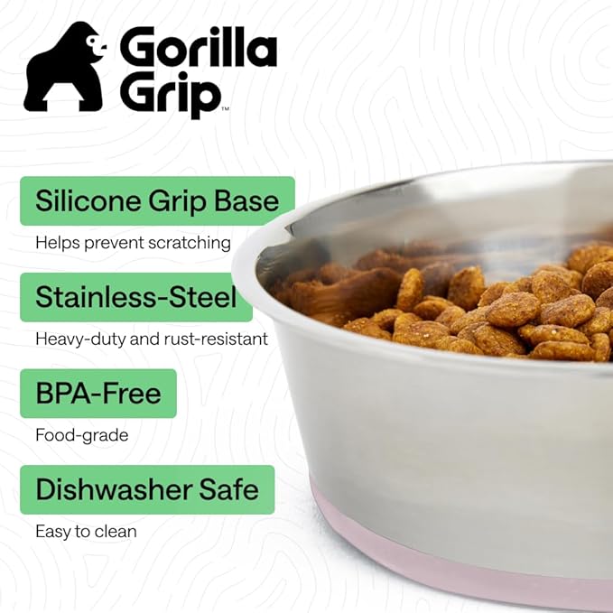 GORILLA GRIP Dog Bowls, Heavy Duty 304 Stainless Steel, Holds 4 Cups Each (32 fl oz) Food and Water Bowl for Feeding Dogs and Cats, Dishwasher Safe, Rust Resistant, BPA Free Rubber Base Set of 2 Pink