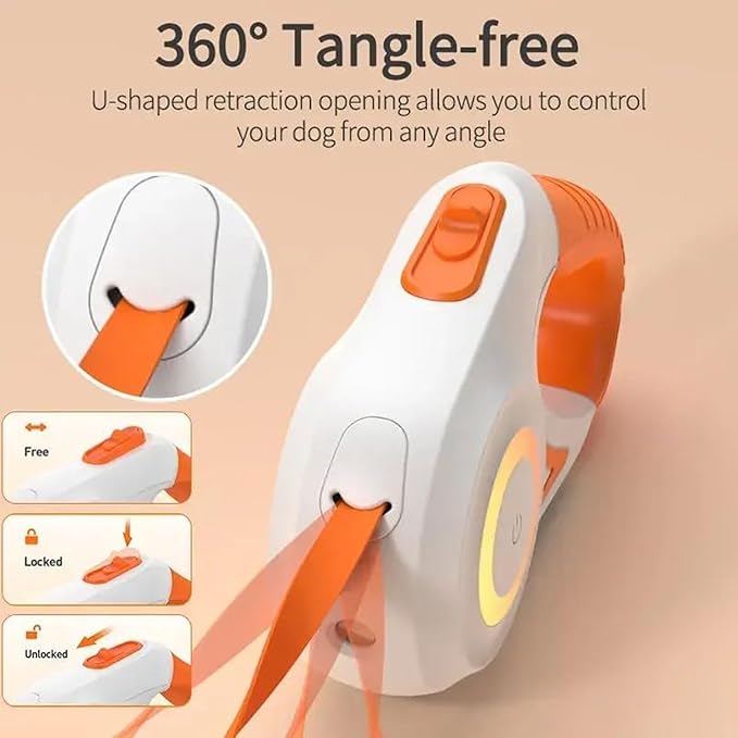 Best Dog Supplies Luminous Retractable Dog Leash with Front Safety Led Light - 5M/16ft 360°Tangle-Free Training Leash for Ultimum Freedom with Anti Slip Handle Dogs & Cats - Orange