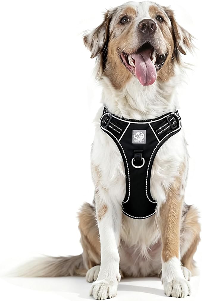 Padded Dog Harness with Handle, No Pull Reflective Oxford Vest, Adjustable Soft Chest Strap with Double Leash Rings for Large Breed Dogs (L, Black)