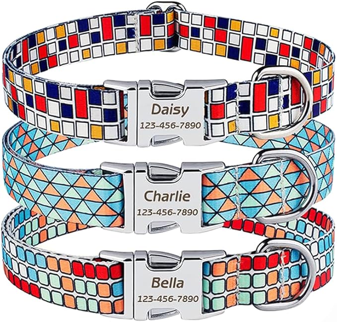 Personalized Pet Collar with Buckle | Custom Name & Number Mosaic Print | XS - L Sizes |Metal Buckle D-Ring | Adjustable Reflective Weatherproof Dog Collar for Medium and Small Dogs