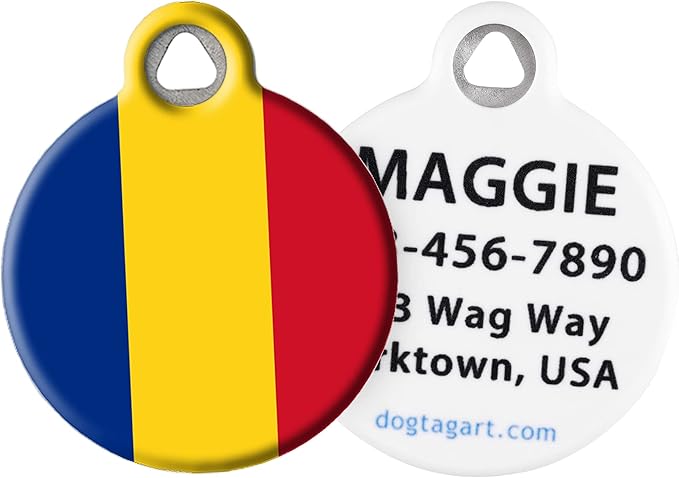Dog Tag Art Romanian Flag Personalized Pet ID Tag for Dogs and Cats, Silent Polymer Flag of Romania Dog Tag with Customized Identification Information - Small .875" Diameter